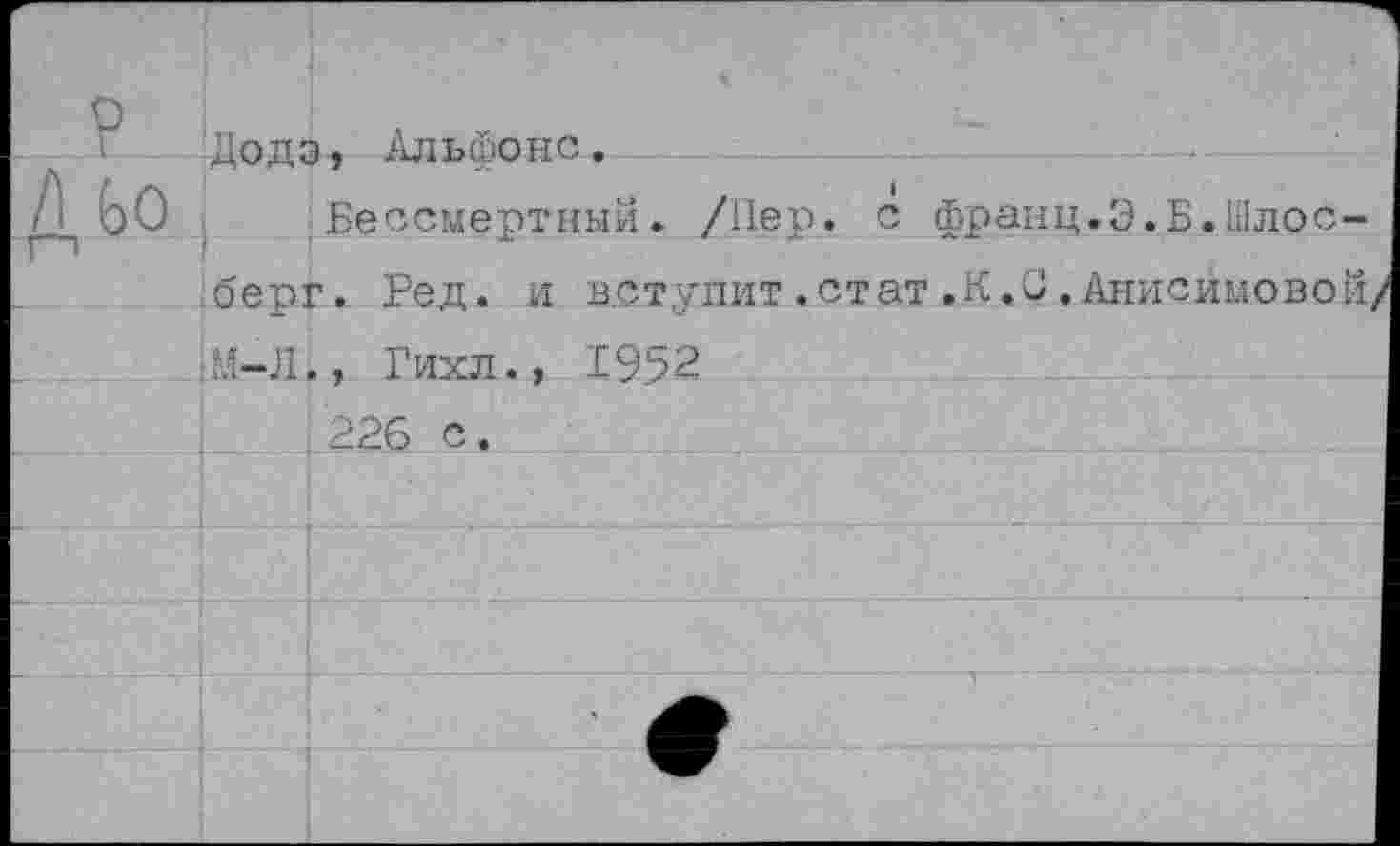 ﻿Додэ, Альфонс.
Бессмертный.
берг. Ред. и вступит.стат.К.С.Анисим
М-Л.» Гихл., 1.95.2
.226 с.
/Пер. с франц.Э.Б.Шлос-